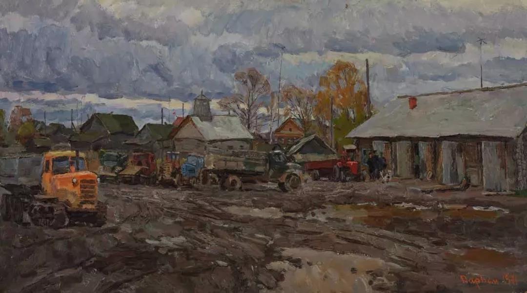 集体农庄的车库 У колхозного гаража 纸板油画 к.м 40.3cm×70cm 1971.jpg