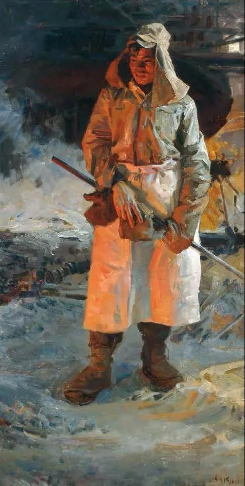 钢铁工人 Сталелитейщик 布面油画 X.M 71.5X144cm  1957年.jpg